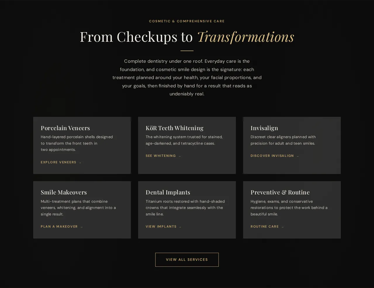 Mercado Dental Studio website section: Signature services, each with its own card and page: porcelain veneers, KöR whitening, Invisalign, smile makeovers, implants, and preventive care.